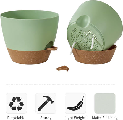 FaithLand 3-Pack Planter Pots, 10 9 8 Inch Self Watering Flower Pots for Indoor Outdoor Garden Plants, Green with Brown