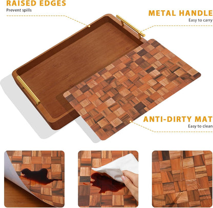 Wooden Serving Tray with Handles Mat, Decorative Coffee Table Trays, Wood Ottoman Tray for Serving Food Drink Breakfast Dinner,1 Pcs