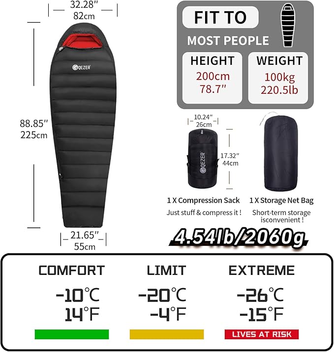 0 Degree Sleeping Bag for Adults 650 Fill Power Down Sleeping Bag for Cold Weather -20F / -8F / 0F / 10F Large Lightweight