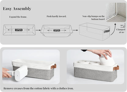 StorageWorks Narrow Storage Bins, Small Basket for Closet and Shelves, Fabric Organizer with Handles, Toilet Paper Storage, Grey and White, 2-Pack