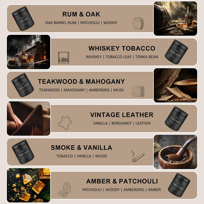 Scented Candles Set | Gifts for Men - 6Pack Candle Set - Masculine Candle, Soy Candles for Home Scented, Aromatherapy Gift - Fragrance of Smoke Vanilla/Leather/Mahogany/Tobacco/Oak/Amber Patchouli