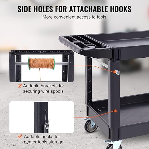 VEVOR Utility Service Cart, 2 Shelf 550LBS Heavy Duty Plastic Rolling Utility Cart with 360° Swivel Wheels (2 with Brakes), Large Lipped Shelf, Ergonomic Storage Handle for Warehouse/Garage/Cleaning