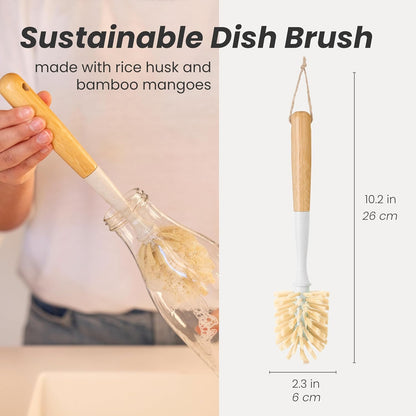 Vigar Zeroline 10.2" Long Bamboo Dish Brush, Ideal Dish Brush for Cups, Wine Glass, Tumbler, Blender Bottles, and Glass Water Bottles for The Kitchen