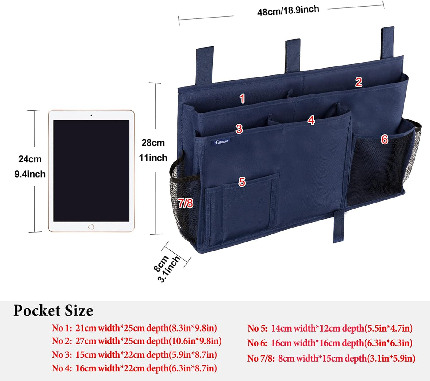 Surblue Caddy Hanging Organizer Bedside Storage Bag for Bunk and Hospital Beds, Blue, L