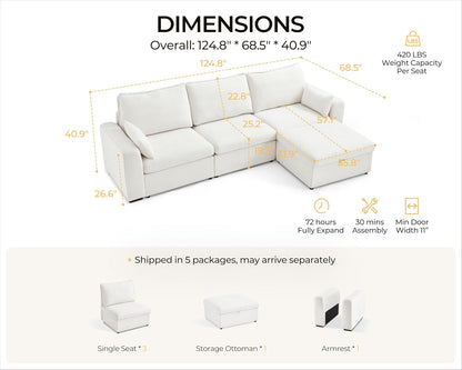 Oversized Modular Sofa Comfy Cloud Couch with Storage, Extra Deep Plush Sectional Sofa Set for Living Room, Covers Washable, Chenille, Olar (White, 4-Seater with Ottoman, l-Shaped)