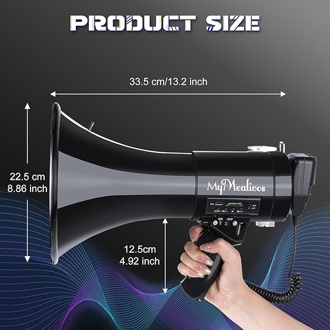 MyMealivos 50W Megaphone Speaker with Rechargeable Battery, Cover up to 1600ft Large Outdoor Space, Bulit in Sirens, 240s Recording and Sound Amplification, Supports AUX/USB/SD Card Input-Black