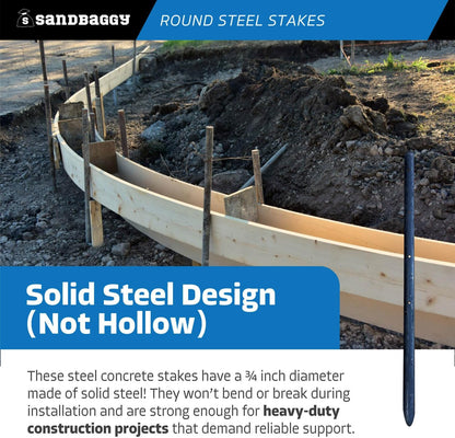 Sandbaggy Round Steel Concrete Form Stakes with Nail Holes - Rust Resistant Coating - Removable, Reusable (1000, 3/4 in X 18 in)