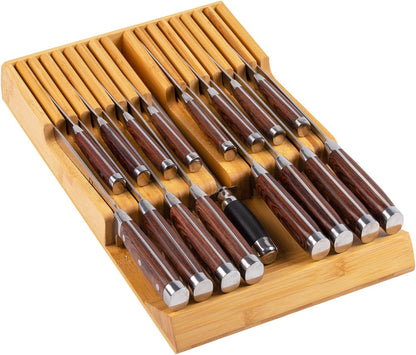 Bamboo Kitchen Drawer Knife Holder, In-drawer Knife Block, Knife Drawer Organizer fit for 16 knives and 1 steel sharpening