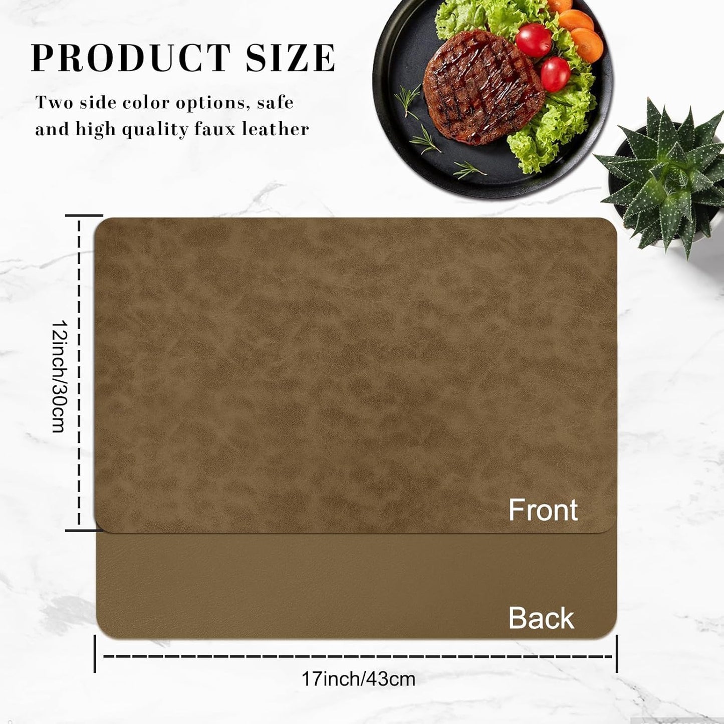 BLESWIN Faux Leather Placemats, Set of 6, 12×17 Inch -Double Side Texture Color Table Mats, Heat-Resistant, Waterproof and Oil-Resistant, Suitable for Dining Room, Kitchen, Party, Outdoor - Khaki