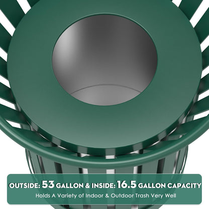 16Gallon/62L Commercial Outdoor & Indoor Metal Trash Can, Outdoor Slatted Trash Receptacle with Metal Linner, All Weather Resistant Large Outside Zone Round Garbage Bin for Street, Park, School-Green