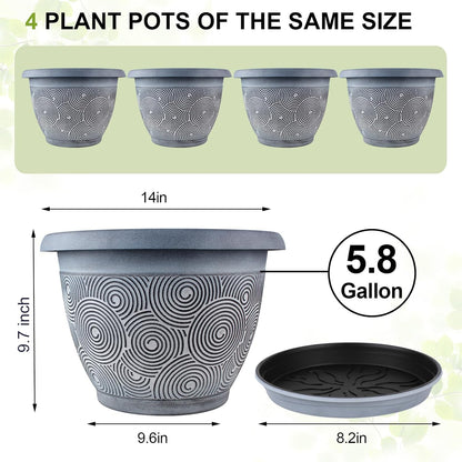 14 Inch Large Planter Pot for Plants Indoor Outdoor, 4 Pack Plastic Flower Pots with Drainage Hole & Tray, Modern Decorative Garden Pot with Saucer, Plant Container for House