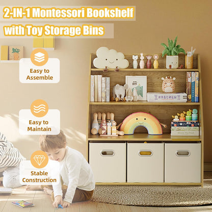 Kids Bookshelf and Toy Organizer, 3-Tier Toy Storage Organizer with 3 Movable Drawers, Montessori Toy Shelf, Nursery Book Shelves Toddler Bookshelf for Kids Room Living Room Nursery