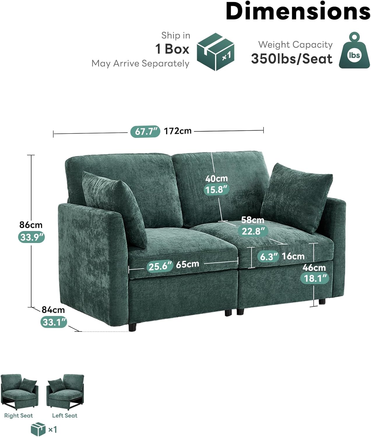 Tbfit 59" Loveseat Sofa, Chenille Small Sofa Couch, Love Seat with 2 Pillows for Small Space, Bedroom & Living Room, Green
