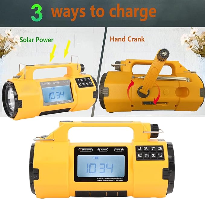NOAA Weather Alert Radio, Emergency Radio with Flashlight, Phone Charger, IPX3 Water Proof, Multifunctional Emergency Kit for Camping Hiking Home Safety