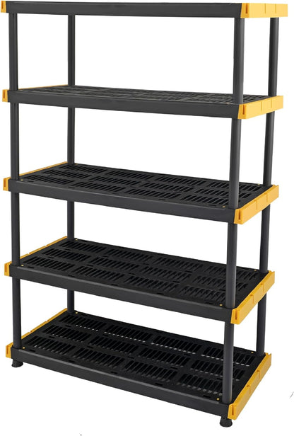 CX Black & Yellow®, 5-Tier Heavy Duty Plastic Storage Shelving Unit, 200lbs/shelf (72”H x 48”W x 20”D), for Indoor/Outdoor Organization, Modular Rack