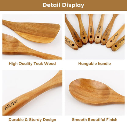 AIUHI Wood Spoons for Cooking, Nonstick Kitchen Utensil Set, Wooden Spoons Cooking Utensil Set Non Scratch Natural Teak Wooden Utensils for Cooking (Teak 8 Pack)