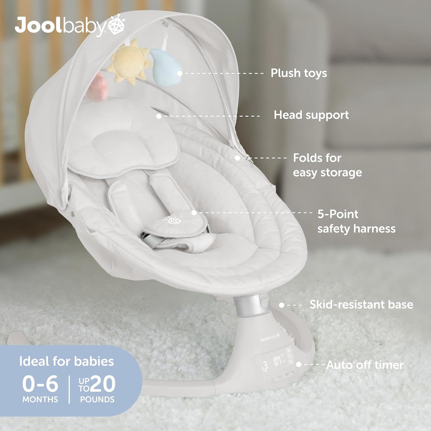 Jool Baby Nova Swing for Newborns - Electric Motorized Infant Swing, Bluetooth Music, 10 Preset Melodies, Remote (2025 Model) (Stone)