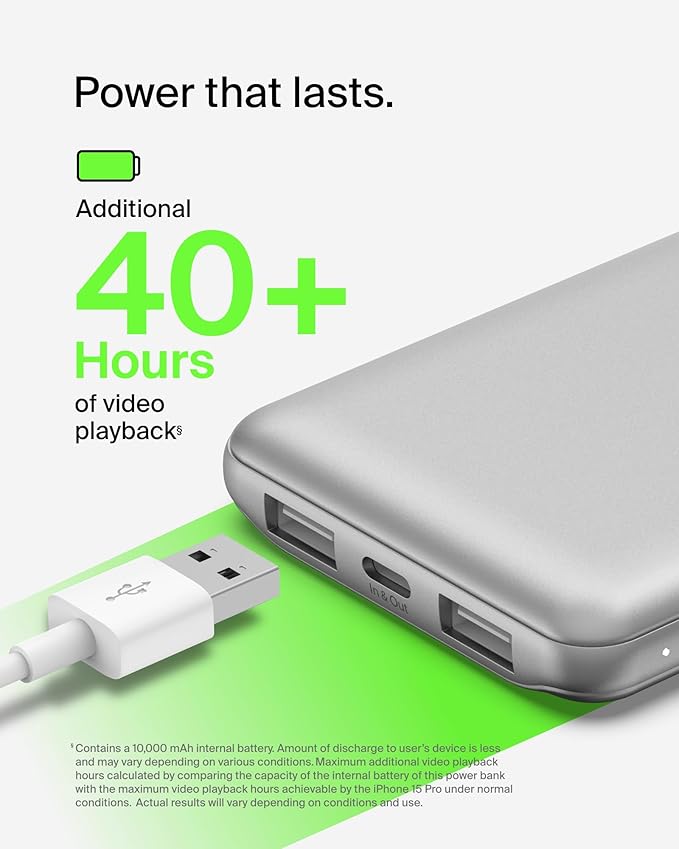 Belkin Portable Charger, USB-C Power Bank 10000 mAh w/ 1xUSB-C Port & 2xUSB-A Ports, 15W w/Type-C to Type-A Cable for iPhone 17, Samsung Galaxy S25, Nintendo Switch 2, Google Pixel 10, etc. - Silver