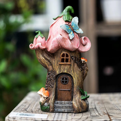 Fairy Garden Accessories Outdoor Statues, Mushroom House Decor,Large Gnome Solar Powered Lights Sculptures,Pink Resin Figurine Butterfly Figurines Lawn Ornaments for Patio Yard Decorations 11Inch