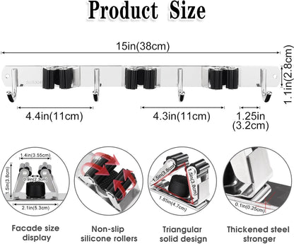 2 Pack 3 Racks and 4 Hooks Broom and Mop Holder Wall Mounted Garage Organizer Storage Tool Racks Stainless Steel Heavy Duty Hooks Self Adhesive Solid Non-slip Wall Hangers for Home Kitchen Garden