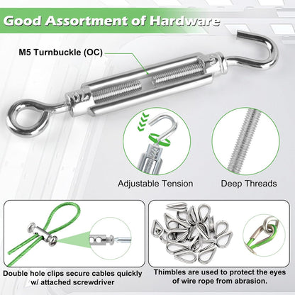 Turnbuckles for Cables Wire, 1/8" X 100Ft Green PVC Coated Wire Rope Kit, Multi-use Steel Cable for Grape Vines/Clothes Line Outdoors for T Post/String Light Hanging/Garden Cable