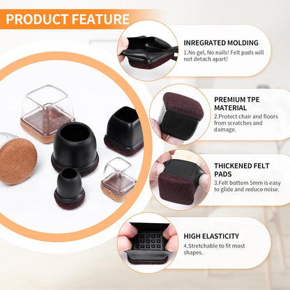 Ezprotekt 8 Pcs Extra Large Square Chair Leg Floor Protectors, Silicone Felt Furniture Pads for Hardwood Floor, Dining Table Bar Stool Leg Protectors Leg Cups Covers (XL Fit: 1.5" - 2", Black)