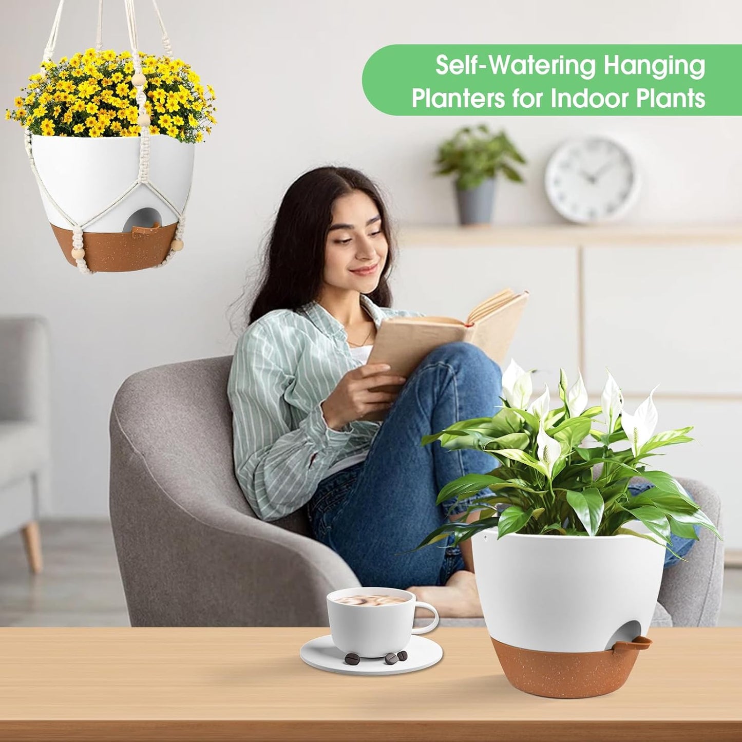 Hanging Planters for Indoor Outdoor Plants, 2 Pack Self Watering Hanging Pot with Drainage Holes, Removable Tray & 2 Kinds of Plant Hangers, 10'' Hanging Flower Pots for Home Garden Decor, White