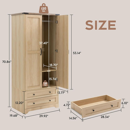 Brafab Wooden Armoire Wardrobe Closet with 2 Modern Doors, 71" Tall Freestanding Closet Wardrobe Cabinet with Drawers and Hanging Rail, Storage Cabinet with Shelve for Bedroom (Natural, 2 Doors)