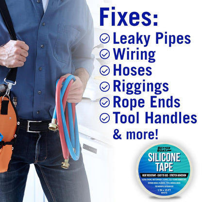 White Heavy Duty Silicone Tape, Self-Fusing Rubber Hose and Plumbing Water Pipe Repair Seal, Coax Electrical or Waterproof Tape for Leaks, 15ft