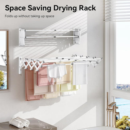APEXCHASER Wall Mounted Clothes Drying Rack, Laundry Drying Rack Retractable, Towel Racks Wall Mounted for Bathroom Balcony Laundry Room Indoor, Foldable Accordion Dryer Rack for Clothing, White