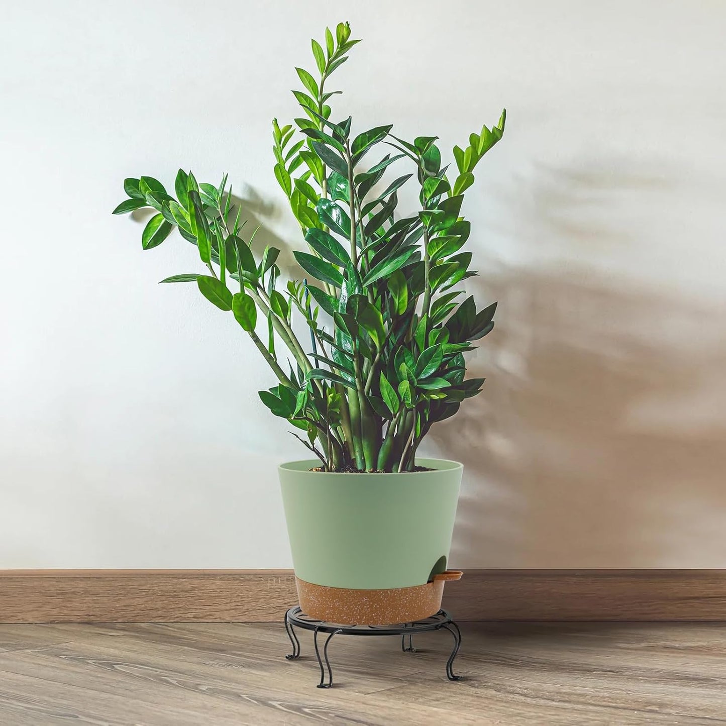 Self Watering Pots for Indoor Plants,12 inch Planters with Drainage Holes Plastic Flower Pots with Deep Reservoir, Green with Brown