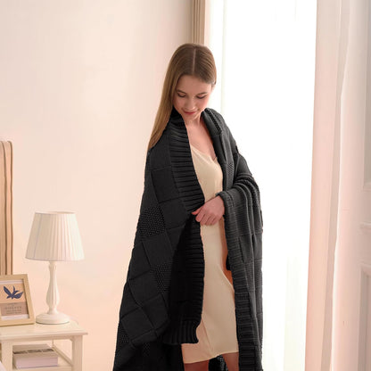 CozeCube Check Knit Throw Blanket, Jet Black Checkered Throw for Couch, Decorative Christmas Soft Cozy Warm Knitted Blanket for Bed Sofa Living Room, 60"X80"
