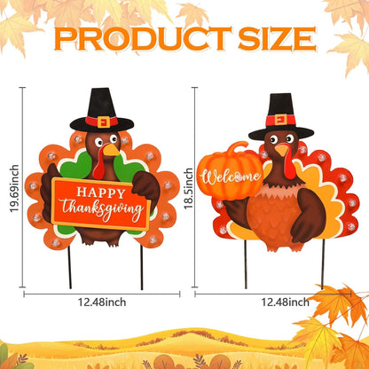 2 PCS Fall Decorations Outdoor Metal Happy Thanksgiving Decorative Garden Stakes with Led Light Welcome Pumpkin Turkey Yard Signs Fall Harvest Lawn Garden Lawn Pathway Decor
