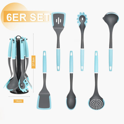 6-Piece Silicone Kitchen Utensil Set with Rotating Stand, Non-Stick, Heat-Resistant (400°F), Nylon Handle, Cooking Spatula Set for Baking & Cooking, Light Blue