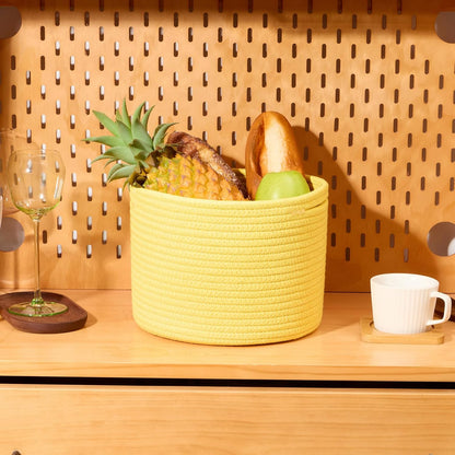 Small Basket for Organizing | Cube Shelf Closet Storage Baskets | 9.7×9.7×7.1” | Woven Rope Gift Basket | Nursery | Round 3 Packs Yellow