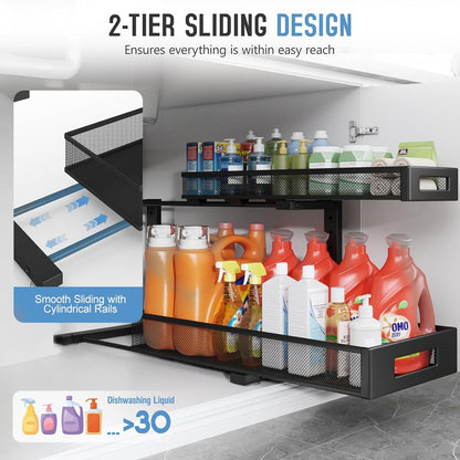 1 Pack 20.47IN Depth Under Sink Storage Organizer, Large 2-Tier Elegant Mesh Pull Out Shelf for Kitchen and Bathroom Cabinet Organization, L-Shaped and Adjustable Height Design-Black