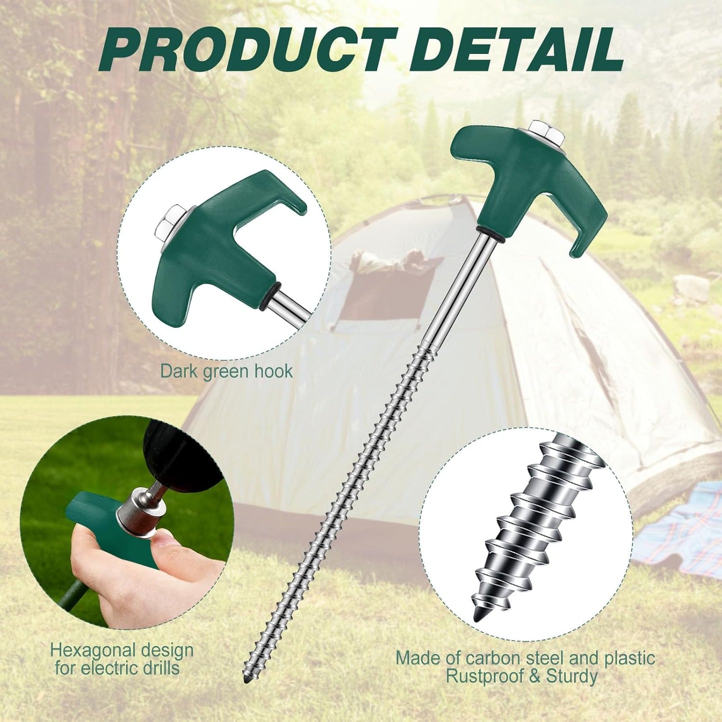 Hicarer 20 Pcs 20 Pcs 8'' Screw in Tent Stakes Heavy Duty Ground Metal Stakes for Inflatables with Hex Head Driver for Outdoor Camping Tent Inflatable Garden Decor (Dark Green)
