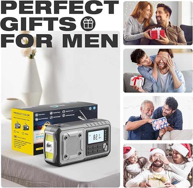 Emergency Weather Radio 5000mAh with Solar Hand Crank, Men Dad Husband Cool Gadgets, NOAA AM FM Portable Battery Power Weather Alert Radios with Flashlight, Perfet Gifts for Home Outdoor Office