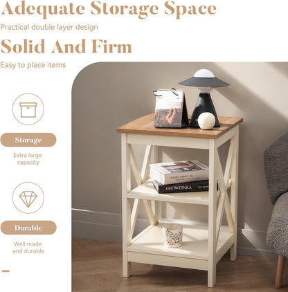 ALPHA HOME Side Table, Farmhouse End Table Set of 2, Bedside Table 3-Tier Storage Shelf for Small Spaces, Sofa Couch Table, Coffee Table, Nightstands Set for Living Room, Bed Room, Ivory