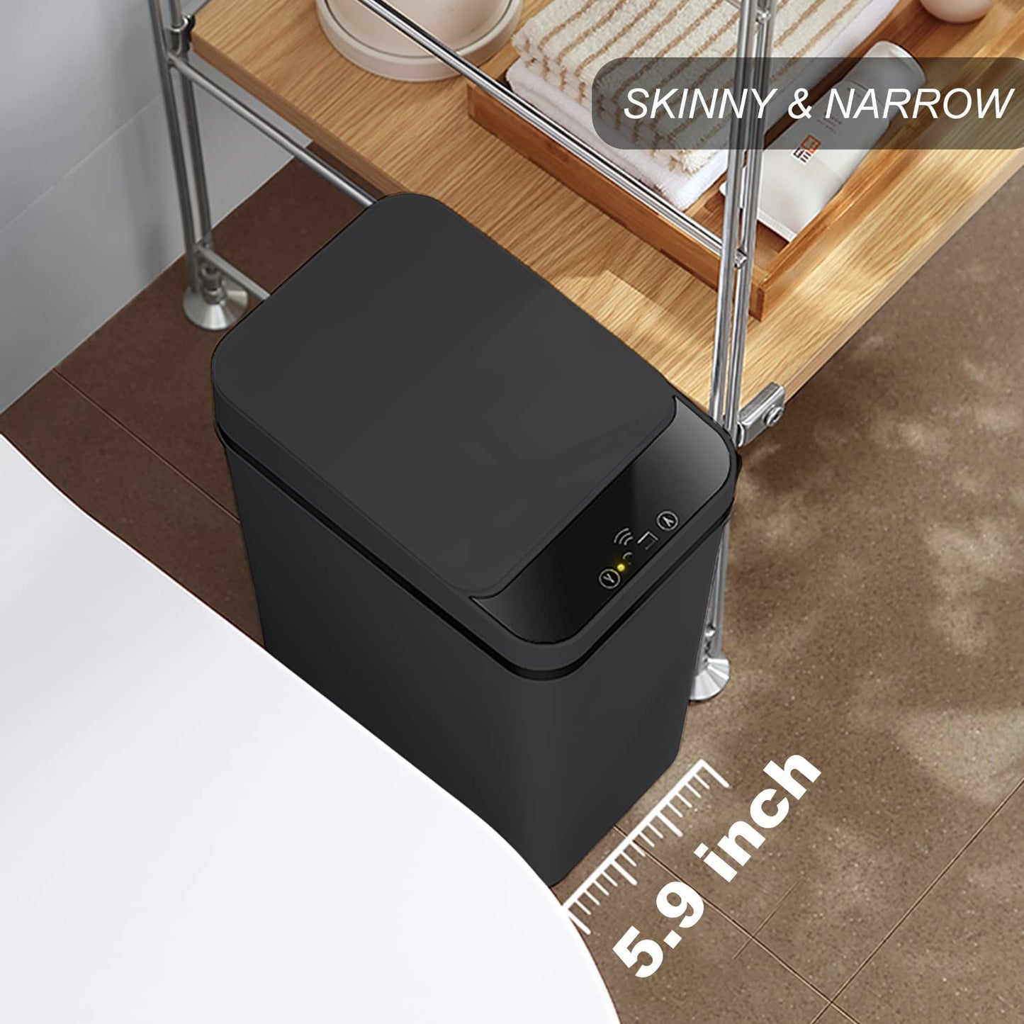 Yatmung 2 Pack - Skinny Trash Bin Sensor Motion 2.5 Gallon Touchless Bathroom Trash Can - Smart Trash Can with Lid - Electric, Narrow, Plastic, Auto Open - Small Slim Automatic Garbage Can (Black)