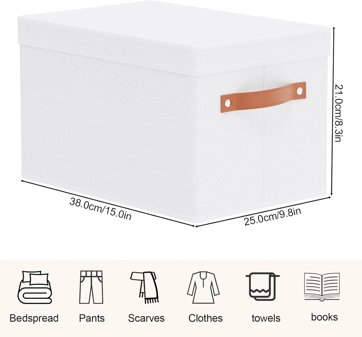 Fabric Storage Bins, Clothes Boxes for Shelves with Lids, Baskets for Organizing with Handles, Decorative Linen Closet Organizers, White, 3 Pack, 15 x 9.8 x 8.3 Inch