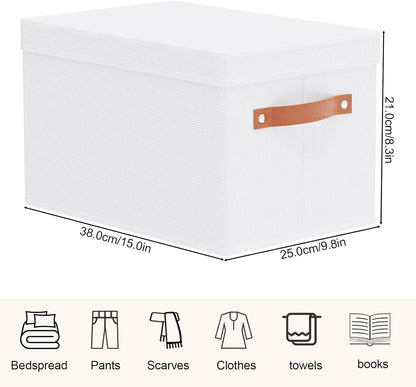 Fabric Storage Bins, Clothes Boxes for Shelves with Lids, Baskets for Organizing with Handles, Decorative Linen Closet Organizers, White, 3 Pack, 15 x 9.8 x 8.3 Inch