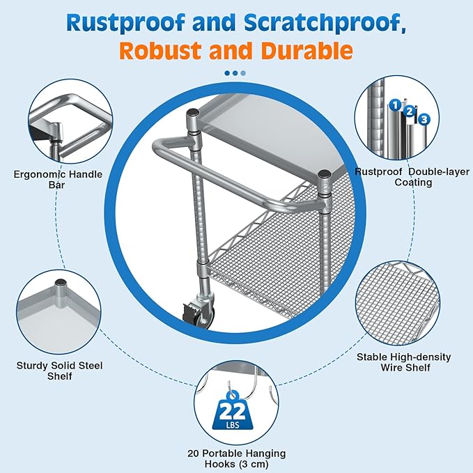 Leteuke 2 Tier Utility Tool Cart with Wheels, 900LBS Capacity Heavy Duty Rolling Utility Carts with Handle, Commercial Grade Metal Serving Storage Cart for Warehouse Garage Kitchen,Silver