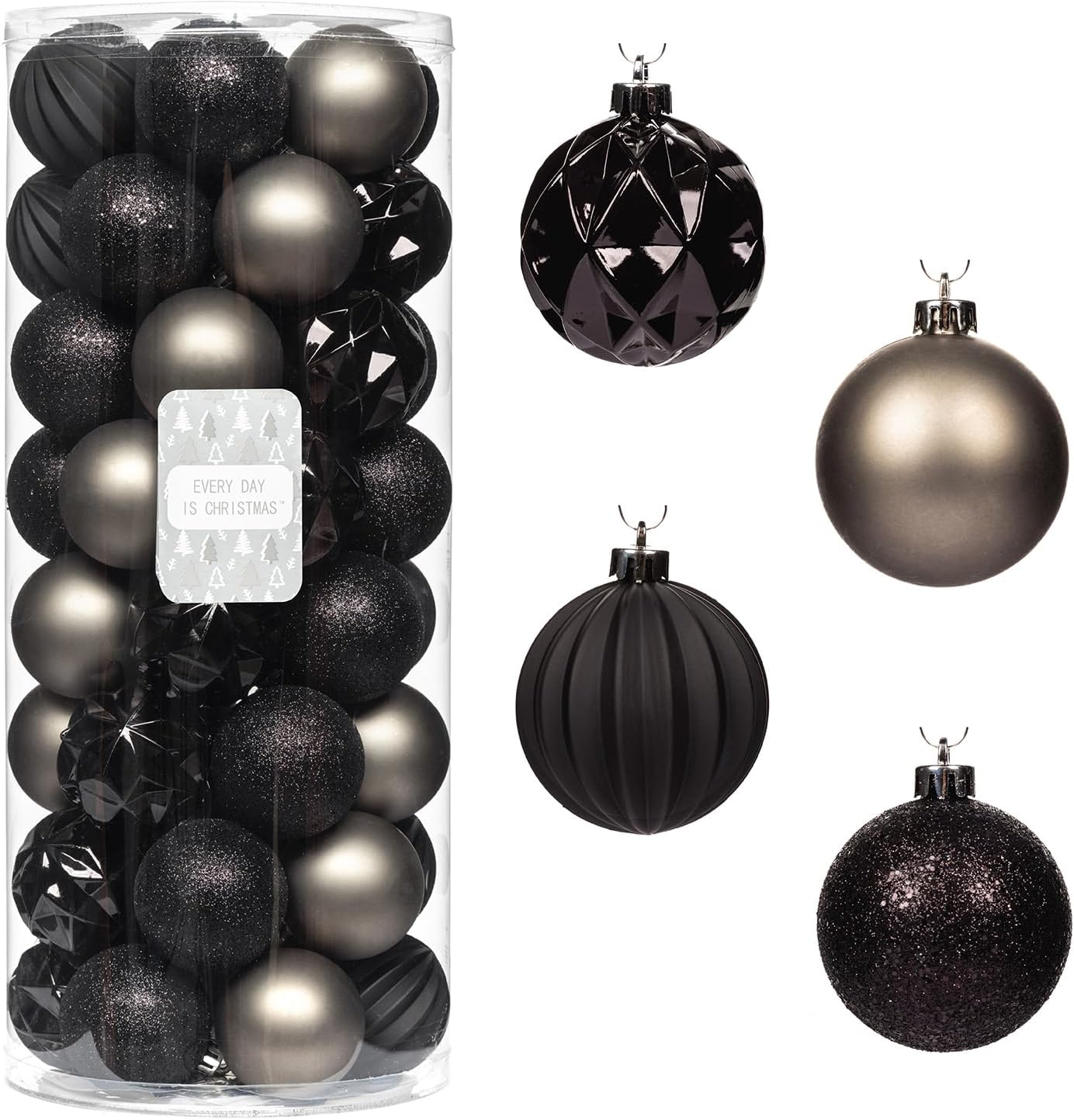 Every Day is Christmas Ornaments, Shatterproof Christmas Tree Ornament Set, Christmas Balls Decoration 50 Count (2.24"/57mm, Black Grey)