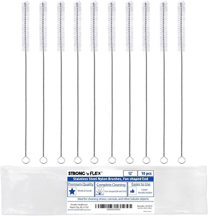 Strong 'n Flex Nylon Straw Cleaner Brushes – Fan-Shaped End for Tight Spaces, Ideal for Reusable Straws, Water Bottles, Sippy Cups & Pipes – Includes Zippered Pouch – 12" Long – Set of 10