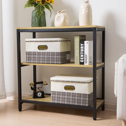 PRANDOM Collapsible Storage Bin with Lid [3-Pack] Fabric Foldable Storage Box Organizer Container Basket Cube with Cover for Home Bedroom Closet Office Nursery Gray plaid & Cream(14.9x9.8x9.8)