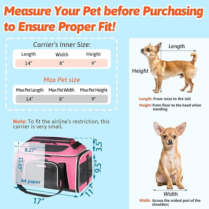 Petskd Top-Expandable Pet Carrier 17x11x9.5 Inches Alaska Airline Approved, Soft-Sided Carrier for Small Cats and Dogs with Locking Safety Zippers and Anti-Scratch Mesh(Pink)