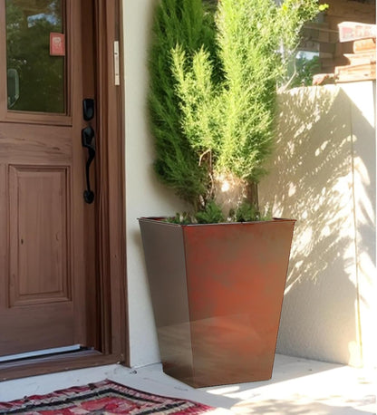 KOL 18''H. Bright Glazed Planter with Drainage Hole, Set of 2, Galvanized Steel Planter Pots for Indoor & Outdoor Use, Decorative Flower Plant Pots for Front Porch, Patio, Deck - Reddish Brown