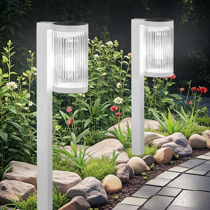 Solar Pathway Lights Outdoor, 2 Pack Upgraded Outdoor Solar Lights for Outside Super Bright Up to 12Hrs, IP65 Waterproof Solar Garden Lights for Yard Landscape Path Walkway Decoration(Cool White)