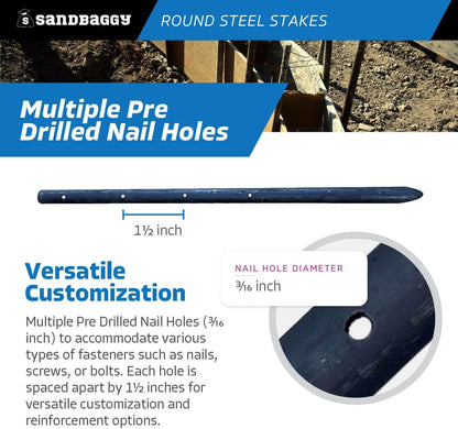 Sandbaggy Round Steel Concrete Form Stakes with Nail Holes - Rust Resistant Coating - Removable, Reusable (200, 3/4 in X 18 in)